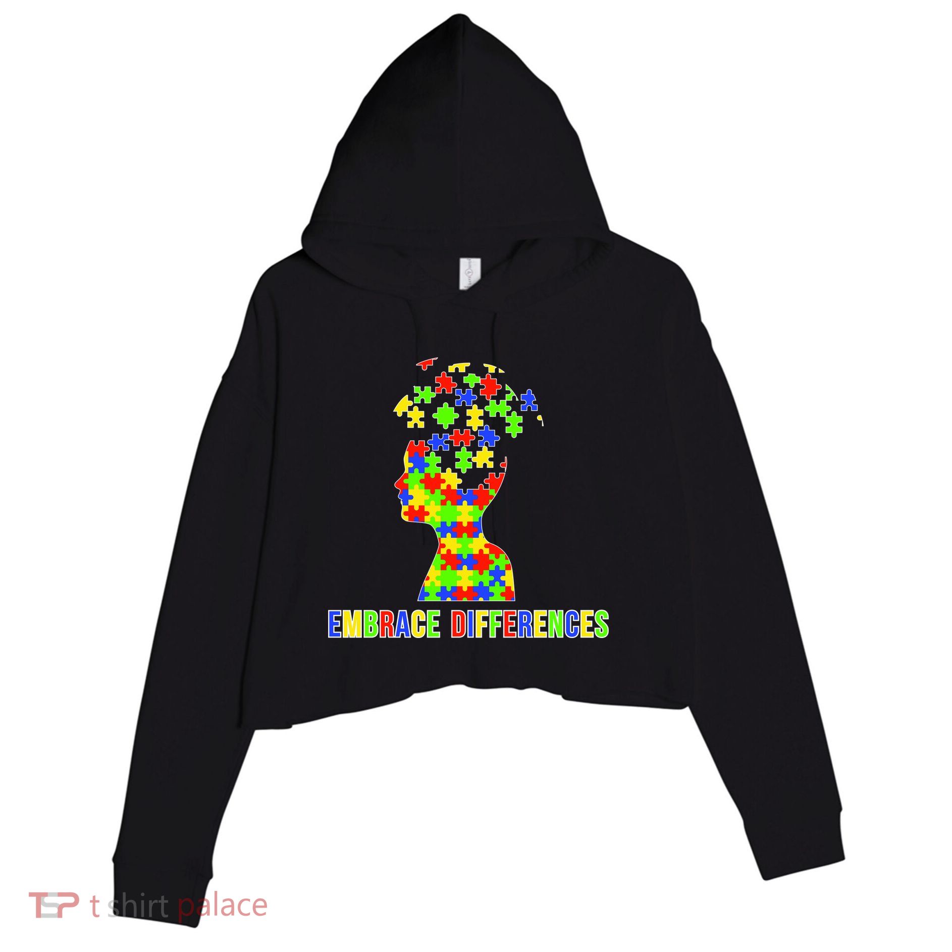 Embrace Differences Autism Awareness Puzzle Pieces Crop Fleece Hoodie