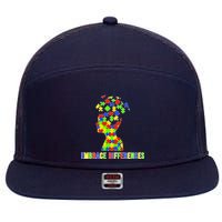 Embrace Differences Autism Awareness Puzzle Pieces 7 Panel Mesh Trucker Snapback Hat