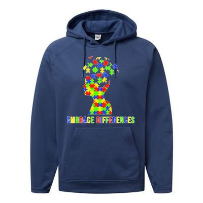 Embrace Differences Autism Awareness Puzzle Pieces Performance Fleece Hoodie