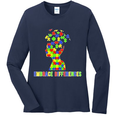 Embrace Differences Autism Awareness Puzzle Pieces Ladies Long Sleeve Shirt