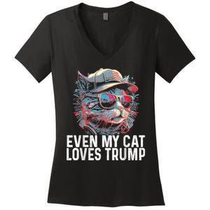 Even My Cat Loves Trump Usa Flag Election Trump Support Women's V-Neck T-Shirt