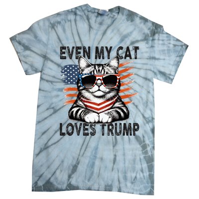 Even My Cat Loves Trump Patriotic American Flag Sunglasses Tie-Dye T-Shirt