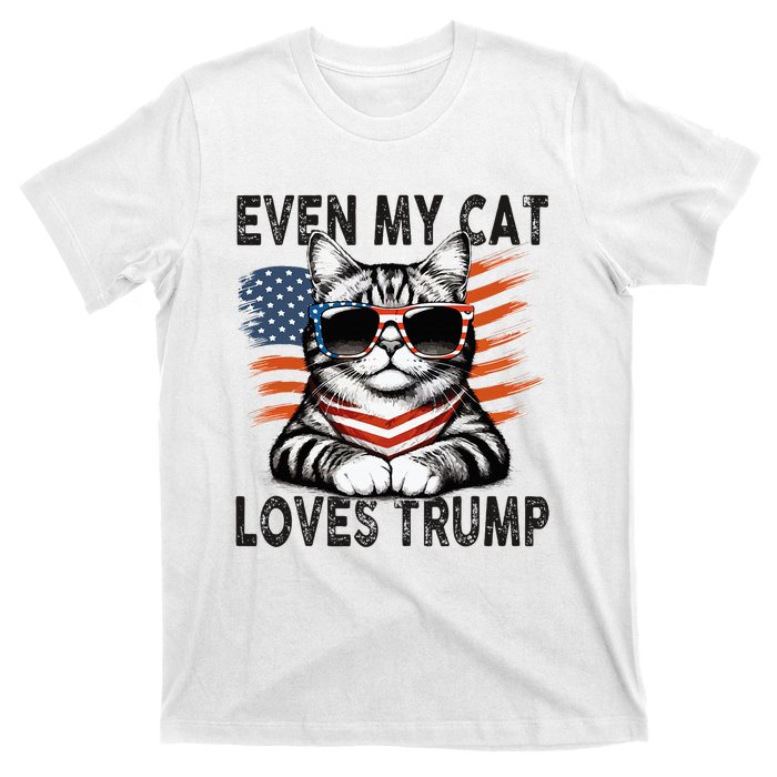 Even My Cat Loves Trump Patriotic American Flag Sunglasses T-Shirt