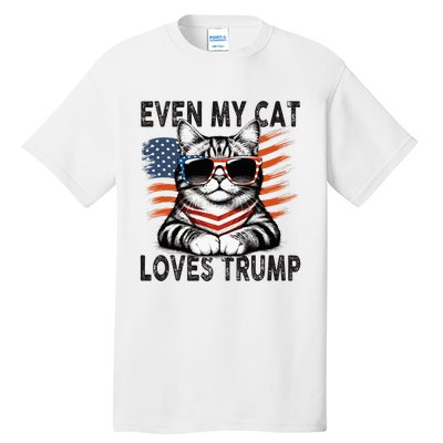 Even My Cat Loves Trump Patriotic American Flag Sunglasses Tall T-Shirt