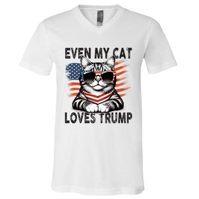 Even My Cat Loves Trump Patriotic American Flag Sunglasses V-Neck T-Shirt