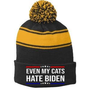 Even My Cats Hate Biden Funny Anti Biden FJB Stripe Pom Pom Beanie