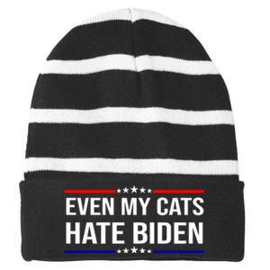 Even My Cats Hate Biden Funny Anti Biden FJB Striped Beanie with Solid Band