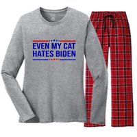 Even My Cat Hates Biden Funny Anti Biden FJB Women's Long Sleeve Flannel Pajama Set 