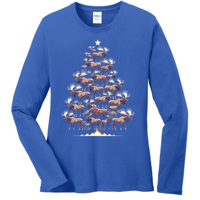 Elk Moose Christmas Tree Funny Elk Moose Xmas Gift Ladies Long Sleeve Shirt