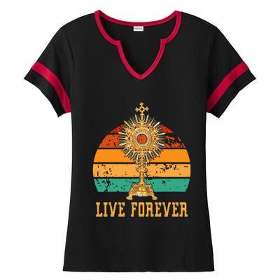 Eucharist Monstrance Catholic Church Lives That Forever Ladies Halftime Notch Neck Tee