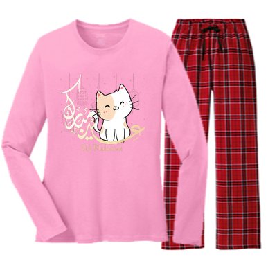 Eid Mubarak Cat Women's Long Sleeve Flannel Pajama Set 