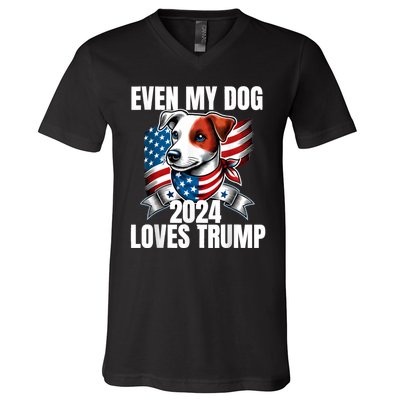 Even My Dog Loves Trump Usa Flag Election Trump Support V-Neck T-Shirt