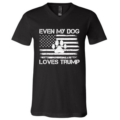 Even My Dog Loves Trump Usa Flag Election Trump Support V-Neck T-Shirt