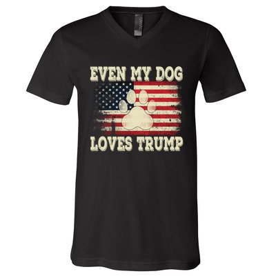 Even My Dog Loves Trump Usa Flag Election Trump Support V-Neck T-Shirt