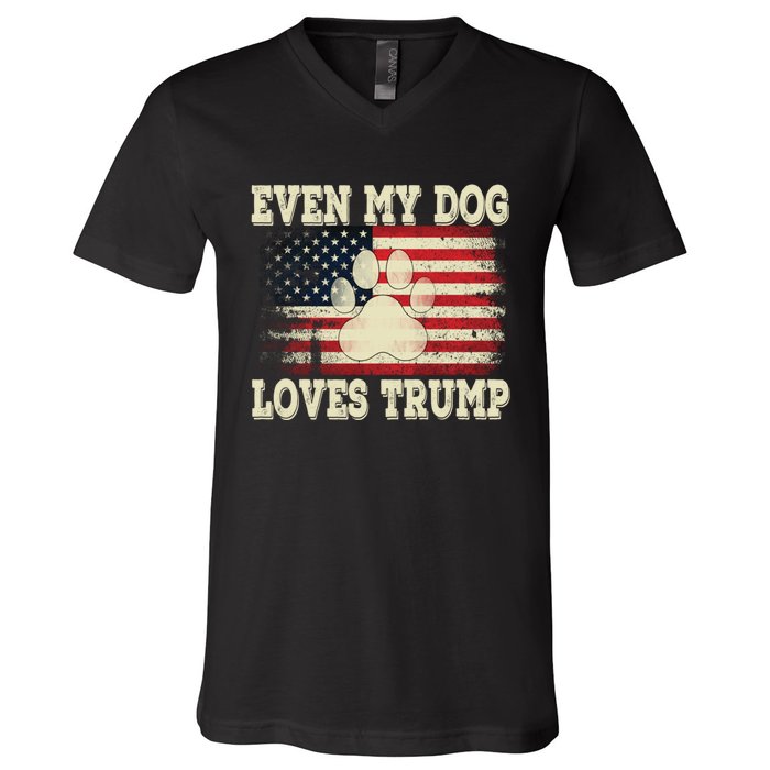 Even My Dog Loves Trump Usa Flag Election Trump Support V-Neck T-Shirt