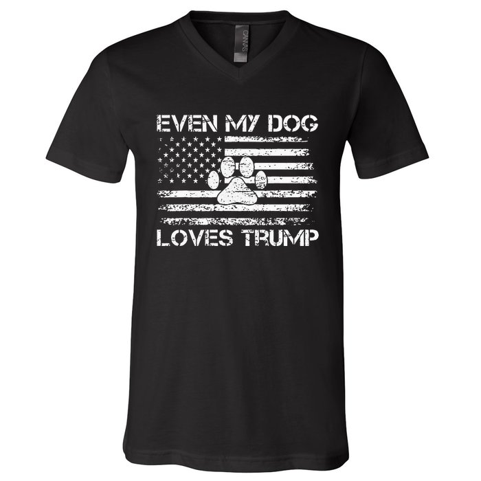 Even My Dog Loves Trump Usa Flag Election Trump Support V-Neck T-Shirt