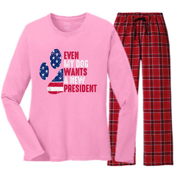 Even My Dog Wants A New President Dog Paw Women's Long Sleeve Flannel Pajama Set 