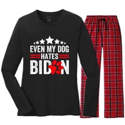 Even My Dog Hates Biden Funny Women's Long Sleeve Flannel Pajama Set 