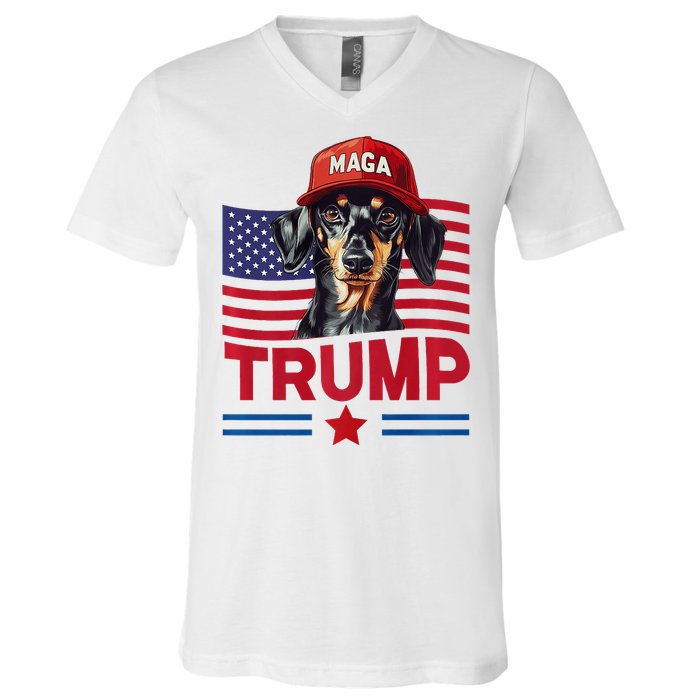 Even My Dog Loves Trump Funny Dachshund Maga Hat Premium V-Neck T-Shirt