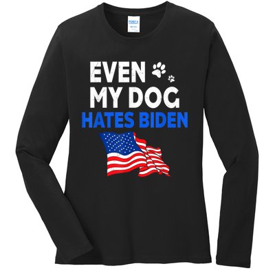 Even My Dog Hates Biden USA Flag Ladies Long Sleeve Shirt