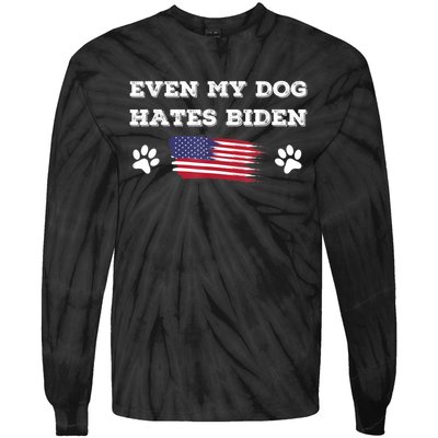 Even My Dog Hates Biden Conservative Anti Liberal US Flag Tie-Dye Long Sleeve Shirt