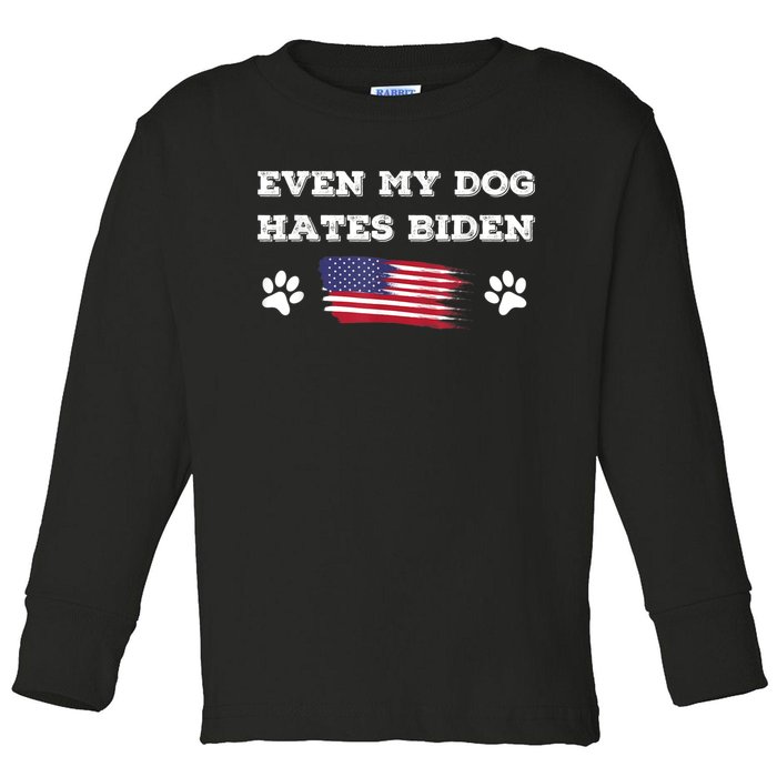 Even My Dog Hates Biden Conservative Anti Liberal US Flag Toddler Long Sleeve Shirt