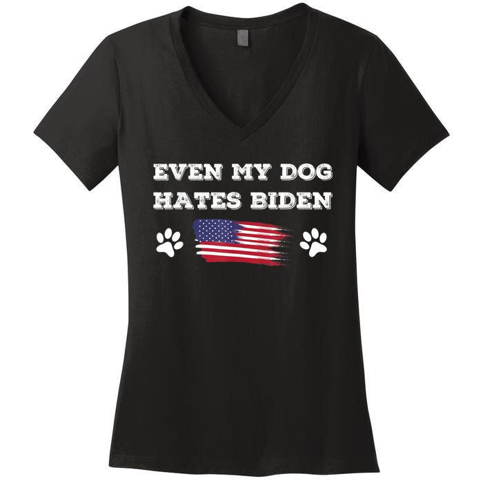 Even My Dog Hates Biden Conservative Anti Liberal US Flag Women's V-Neck T-Shirt