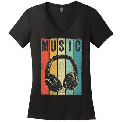 Electronic Music Lover DJ Gift Vintage Retro Headphones Women's V-Neck T-Shirt