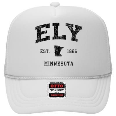 Ely Minnesota Mn Vintage Athletic Black Sports Design High Crown Mesh Back Trucker Hat