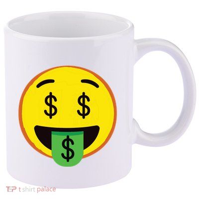 Emoticon Money Mouth Face With Dollar Sign Eyes Rich 11oz C Handle Ceramic Mug