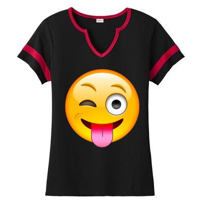 Emoticon Tongue Out Emoji with Winking Eye Smiley Ladies Halftime Notch Neck Tee