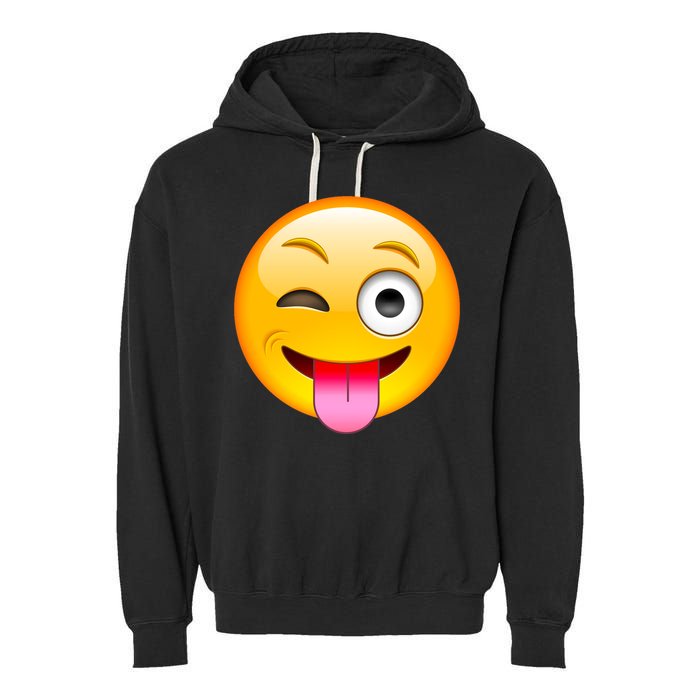 Emoticon Tongue Out Emoji with Winking Eye Smiley Garment-Dyed Fleece Hoodie