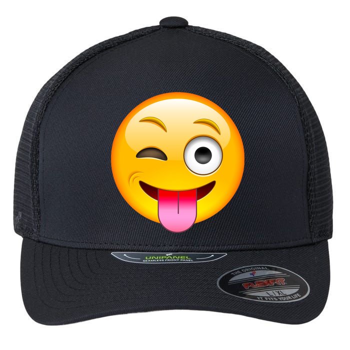 Emoticon Tongue Out Emoji with Winking Eye Smiley Flexfit Unipanel Trucker Cap