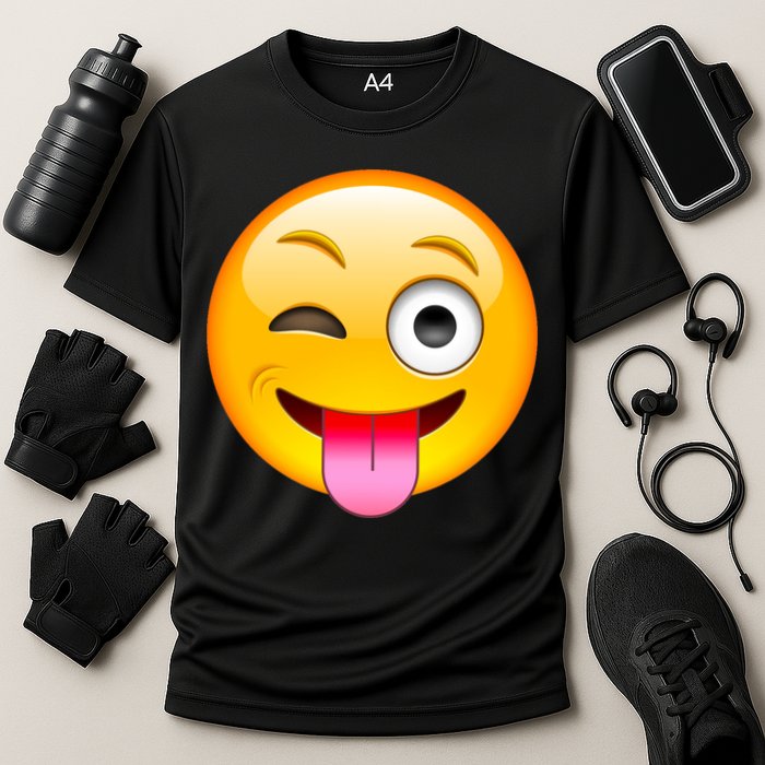 Emoticon Tongue Out Emoji with Winking Eye Smiley Performance Shirt