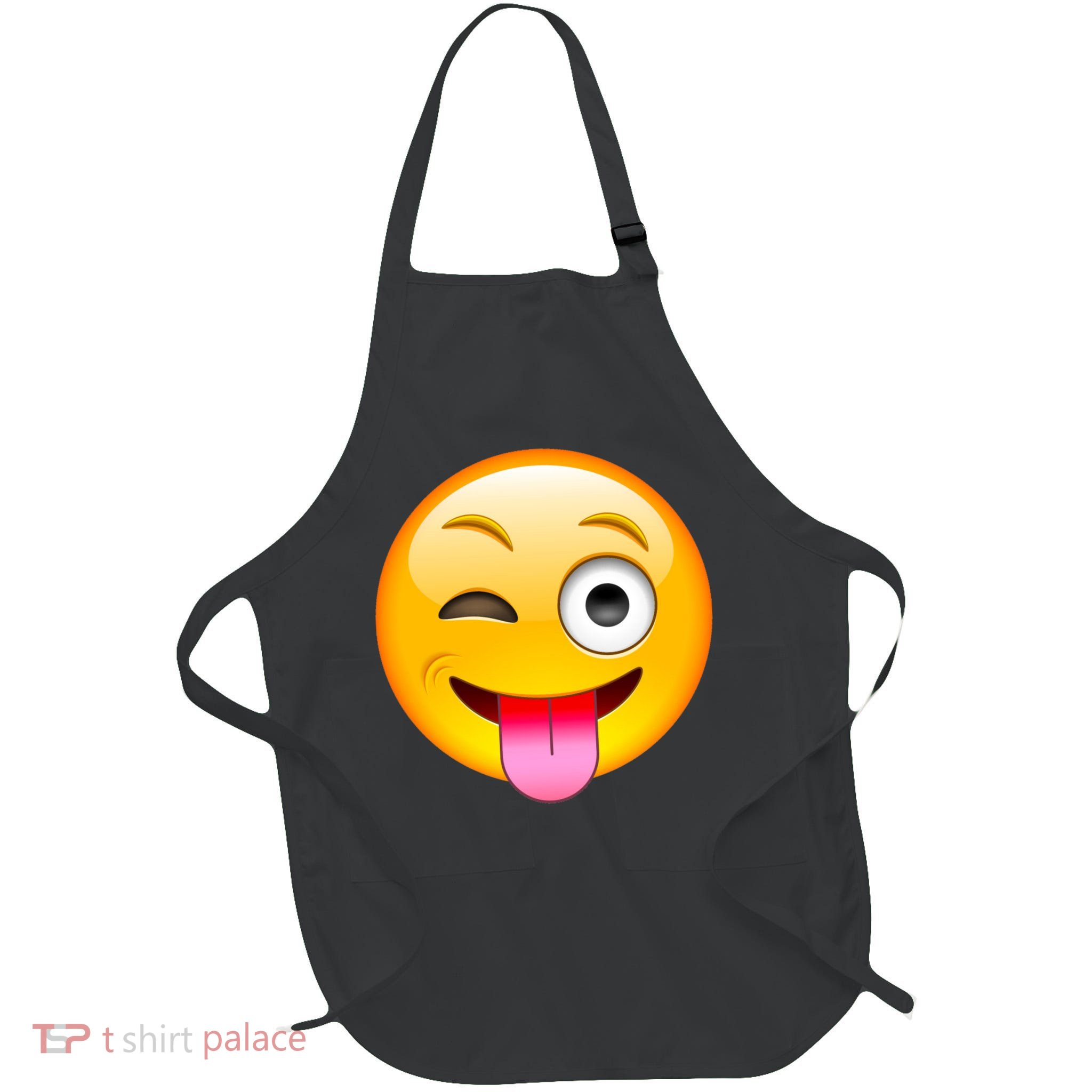 Emoticon Tongue Out Emoji with Winking Eye Smiley Full-Length Apron With Pockets