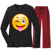 Emoticon Tongue Out Emoji with Winking Eye Smiley Women's Long Sleeve Flannel Pajama Set 