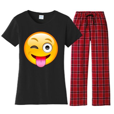 Emoticon Tongue Out Emoji with Winking Eye Smiley Women's Flannel Pajama Set