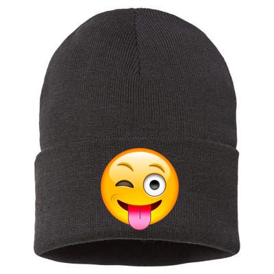 Emoticon Tongue Out Emoji with Winking Eye Smiley Sustainable Knit Beanie