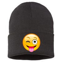 Emoticon Tongue Out Emoji with Winking Eye Smiley Sustainable Knit Beanie