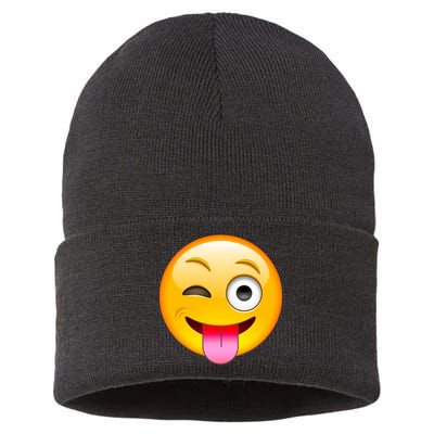 Emoticon Tongue Out Emoji with Winking Eye Smiley Sustainable Knit Beanie