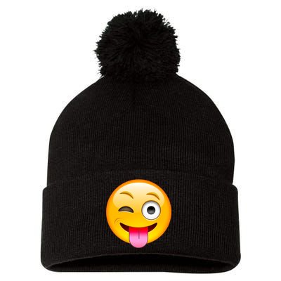 Emoticon Tongue Out Emoji with Winking Eye Smiley Pom Pom 12in Knit Beanie