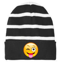 Emoticon Tongue Out Emoji with Winking Eye Smiley Striped Beanie with Solid Band