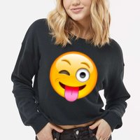 Emoticon Tongue Out Emoji with Winking Eye Smiley Cropped Pullover Crew