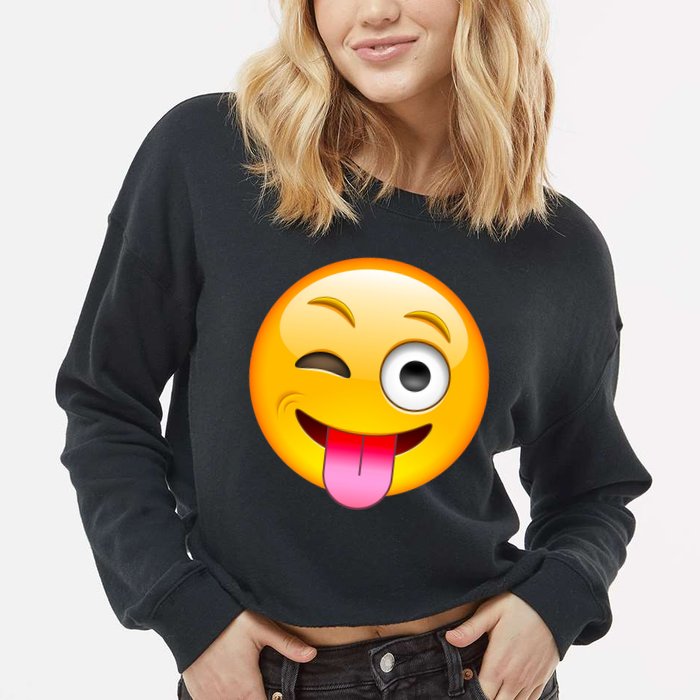 Emoticon Tongue Out Emoji with Winking Eye Smiley Cropped Pullover Crew