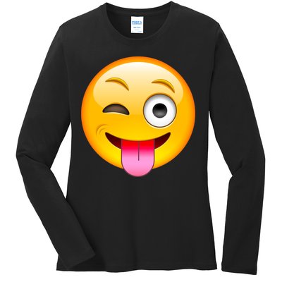 Emoticon Tongue Out Emoji with Winking Eye Smiley Ladies Long Sleeve Shirt