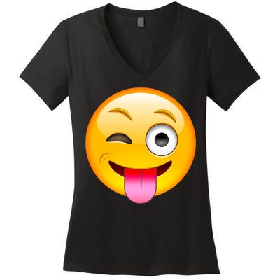 Emoticon Tongue Out Emoji with Winking Eye Smiley Women's V-Neck T-Shirt