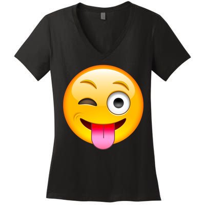 Emoticon Tongue Out Emoji with Winking Eye Smiley Women's V-Neck T-Shirt