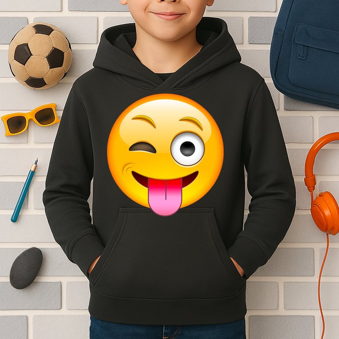 Emoticon Tongue Out Emoji with Winking Eye Smiley Kids Hoodie
