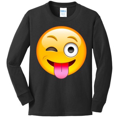 Emoticon Tongue Out Emoji with Winking Eye Smiley Kids Long Sleeve Shirt