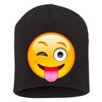 Emoticon Tongue Out Emoji with Winking Eye Smiley Short Acrylic Beanie